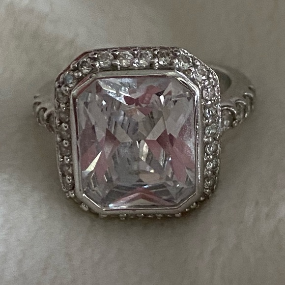 Silver and Faux Diamond Statement Princess Cut Cocktail Ring - Picture 3 of 7